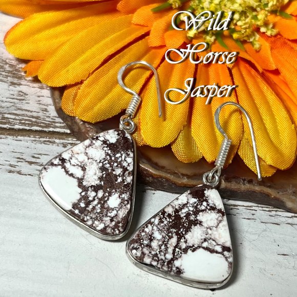 Wild Horse Jasper Earrings Handmade Semi Precious Gemstone Dangle Silver Overlay - Picture 6 of 6